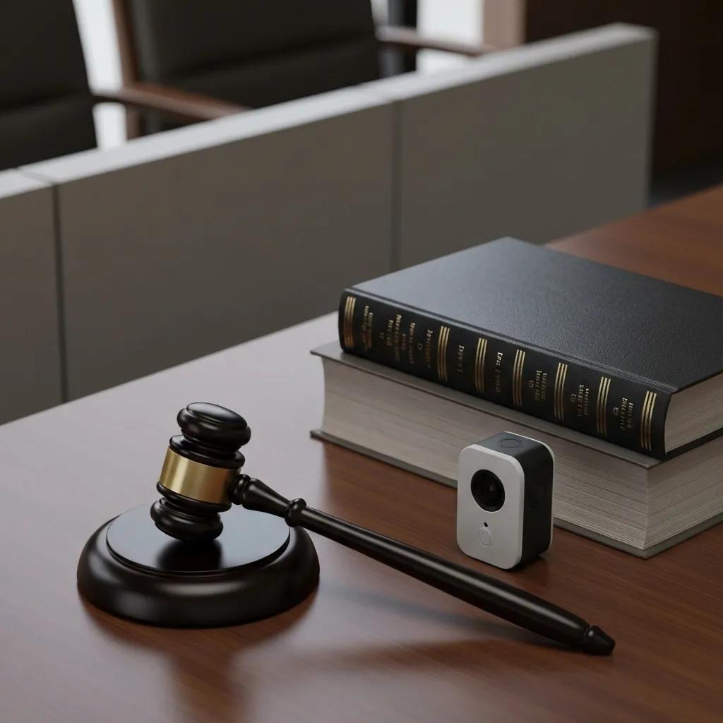Legal setting with gavel, law books, and body camera, representing legal frameworks for footage release