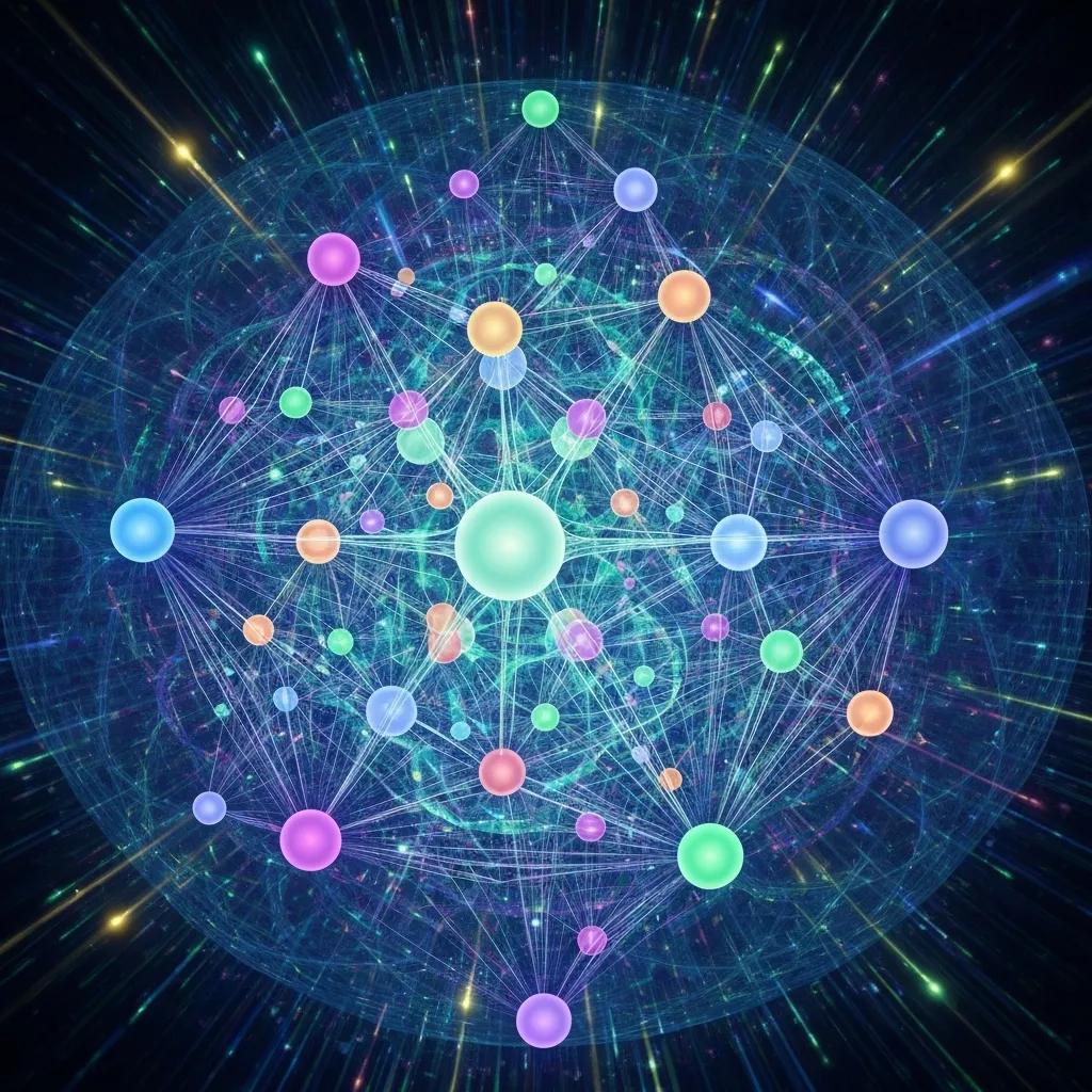 Digital representation of a graph neural network illustrating atomic interactions in materials science
