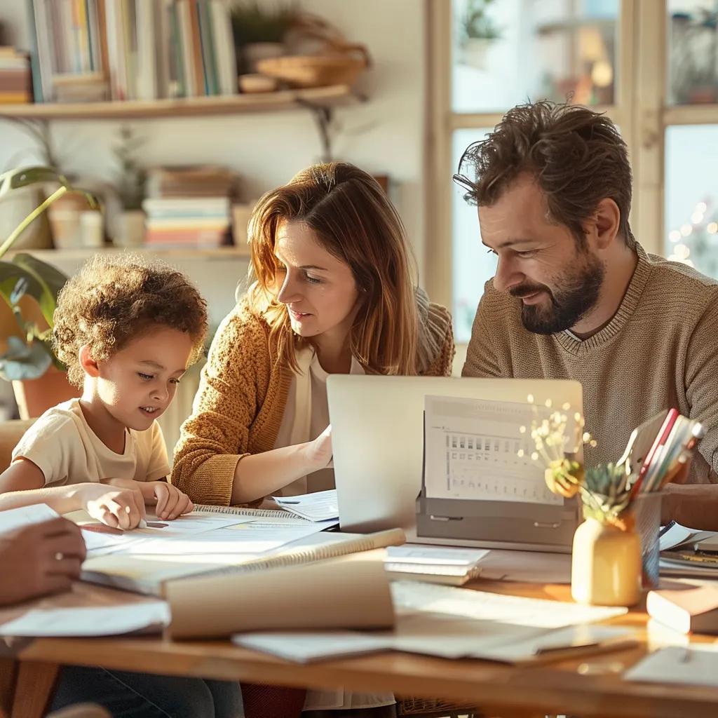 Family budgeting session at home, emphasizing consumer spending and financial planning