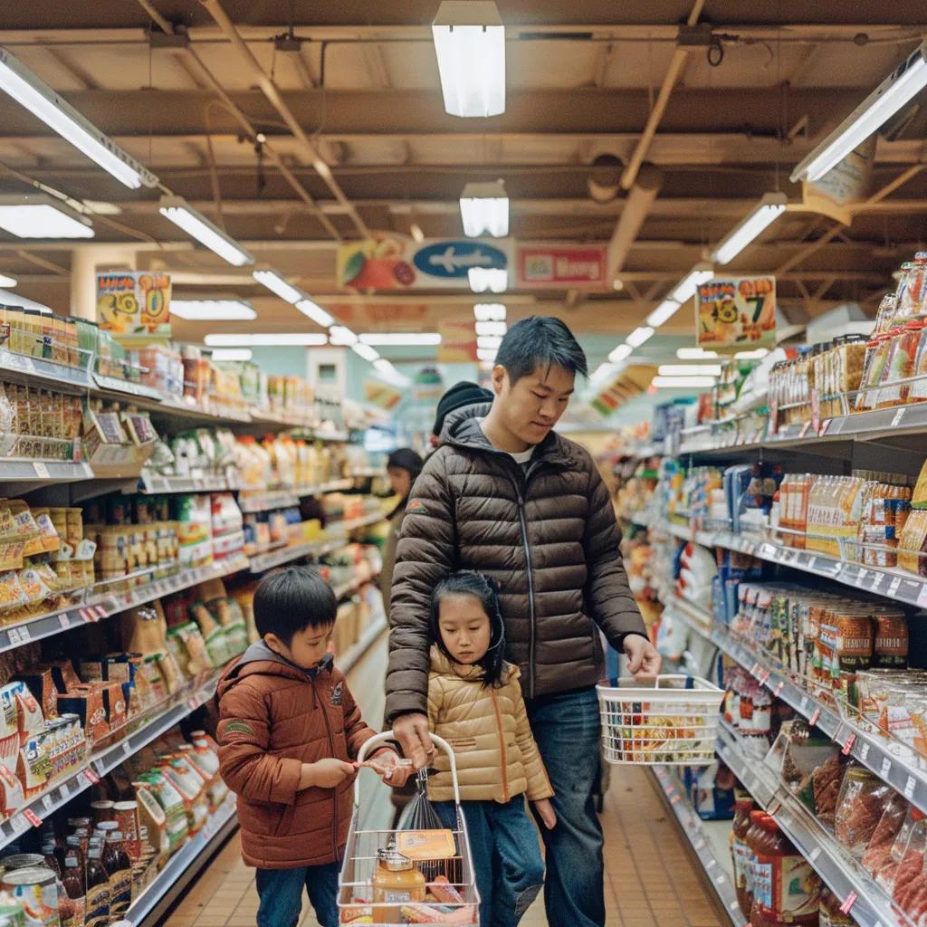 Family shopping in a grocery store, highlighting rising prices due to tariffs