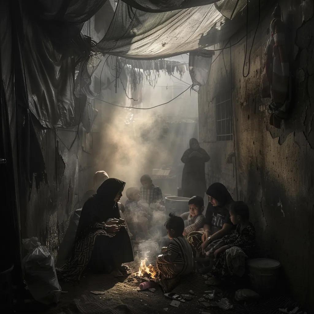 Displaced families in Gaza highlighting the humanitarian crisis amid conflict