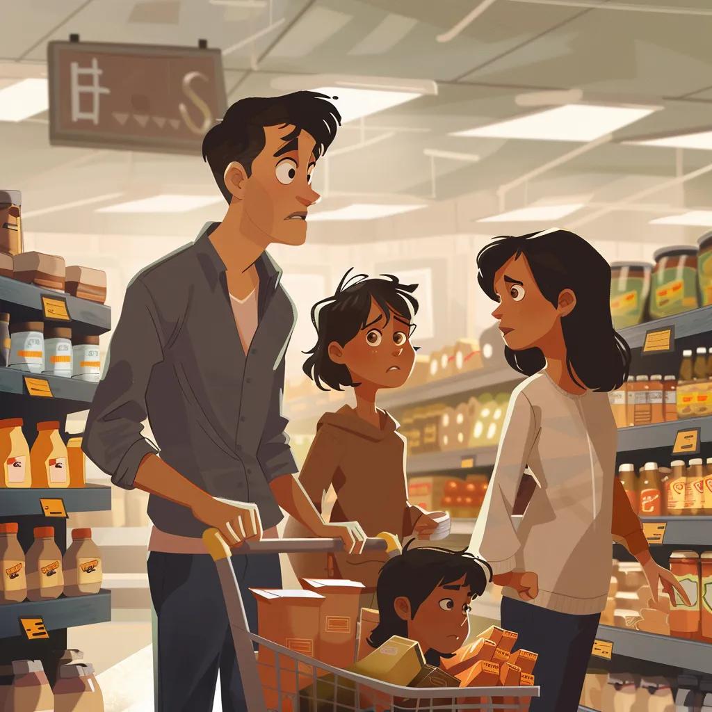 Family shopping in a grocery store, reflecting concerns over rising consumer prices due to tariffs