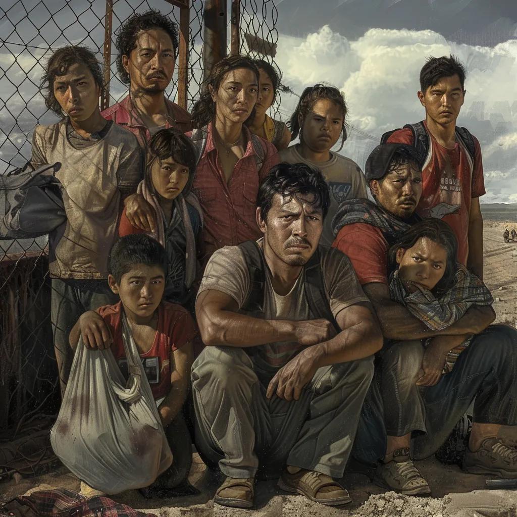 Diverse group of migrants at a border checkpoint, reflecting hope and concern about DNA collection