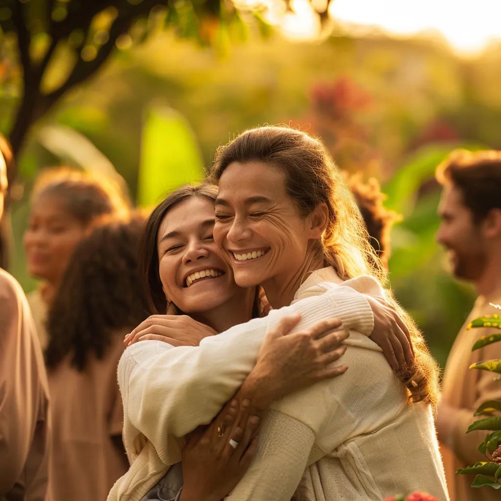 Group of diverse people expressing gratitude in a joyful outdoor setting