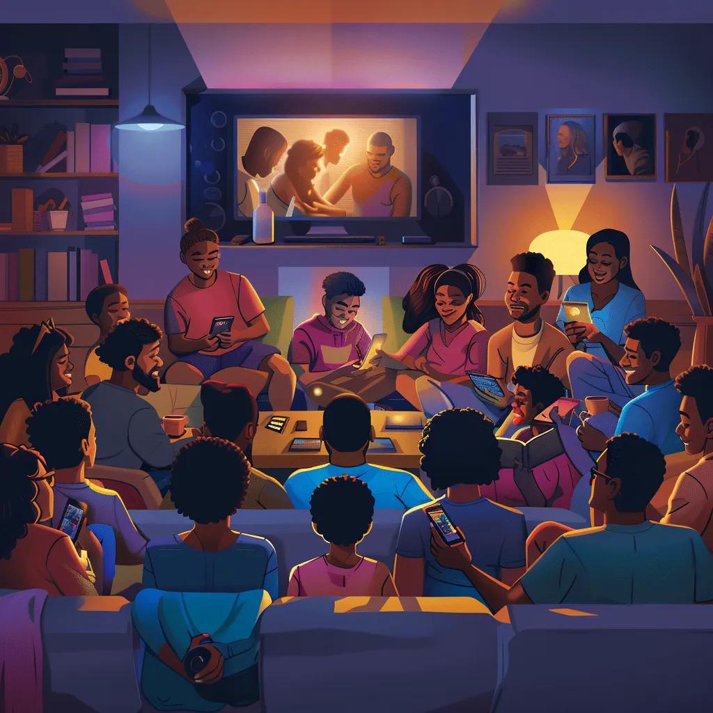 Diverse group of people enjoying public broadcasting content in a cozy living room