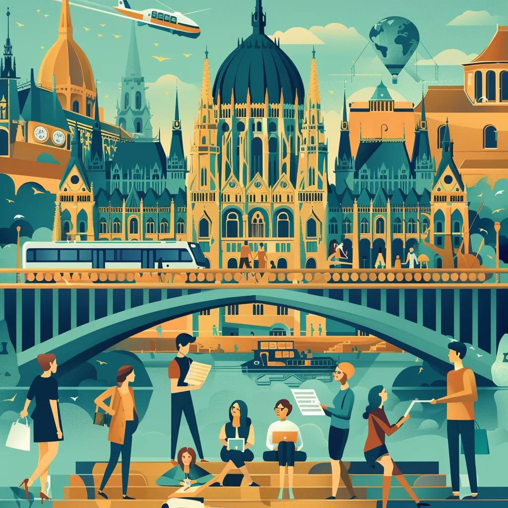 Diverse individuals using AI technology to engage with Hungarian language preservation