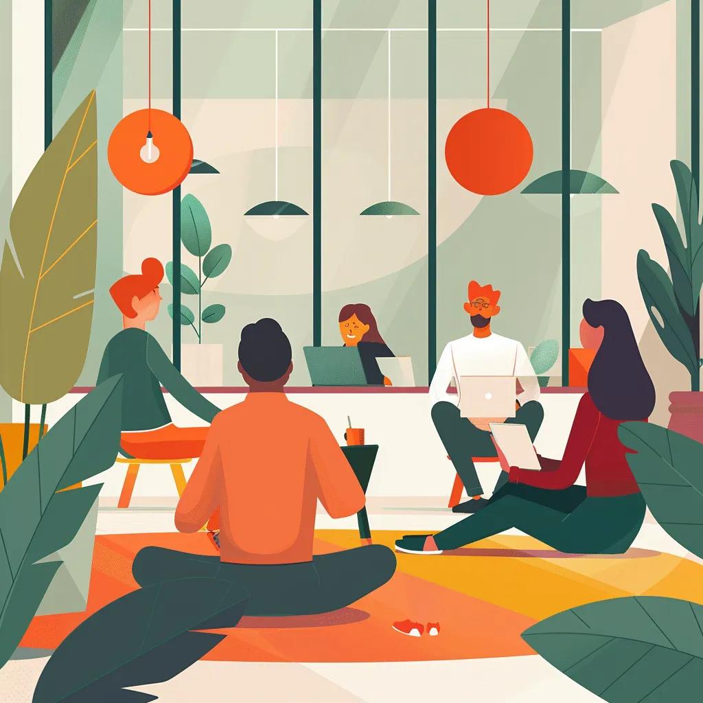 Employees engaging in mental health strategies in a supportive workplace environment, promoting happiness and well-being