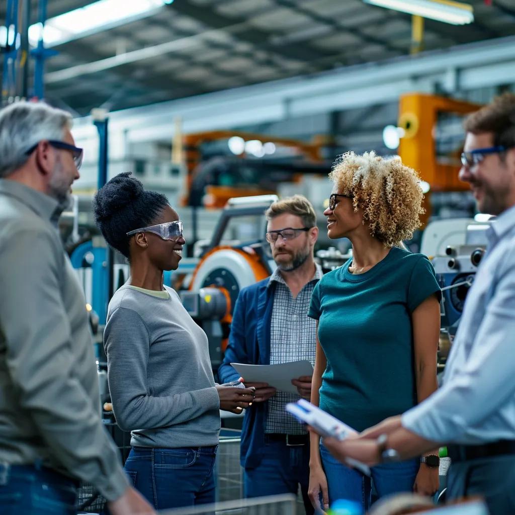 Diverse manufacturing team collaborating positively on the production floor