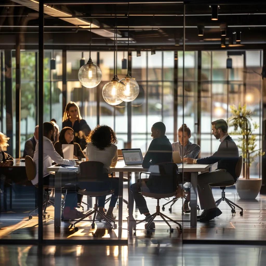 Diverse group of leaders collaborating in a modern office, embodying visionary leadership and teamwork