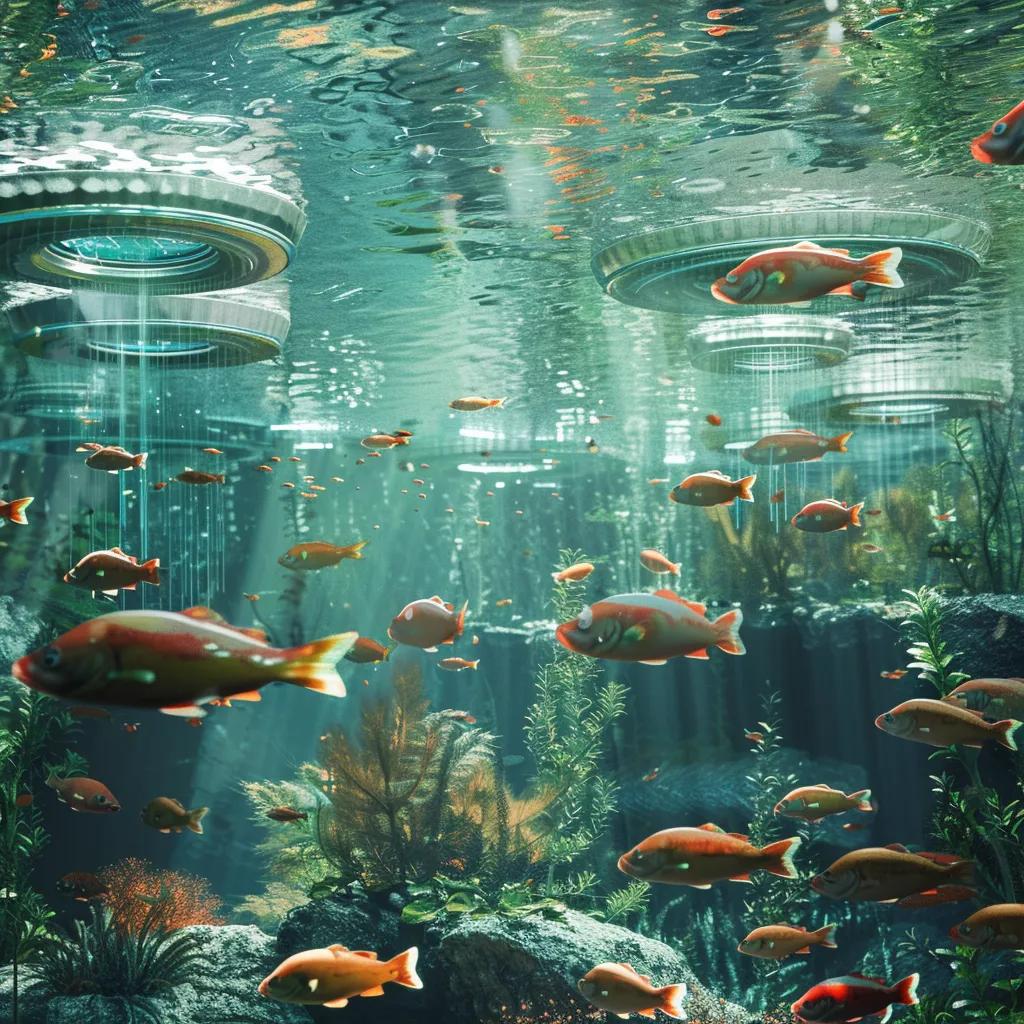 Integration of AI and IoT technologies in aquaculture, showcasing underwater sensors and fish in a vibrant ecosystem