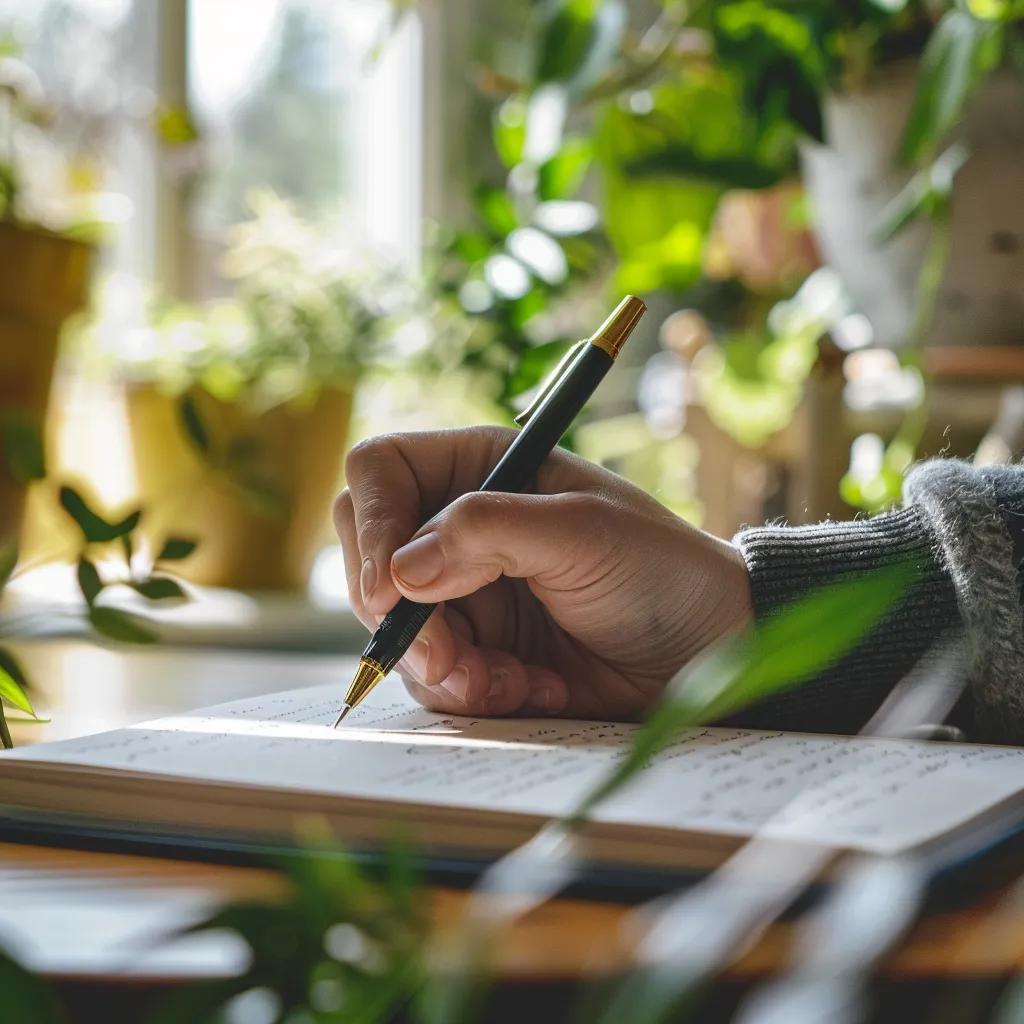 Hand writing in a journal with highlighted personal values like integrity and sustainability
