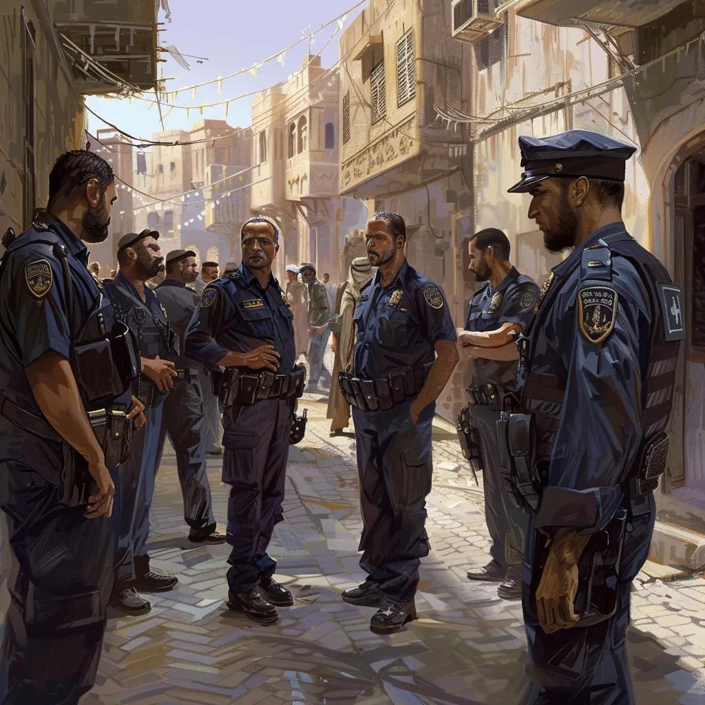 Saudi law enforcement officers conducting inspections in an urban setting