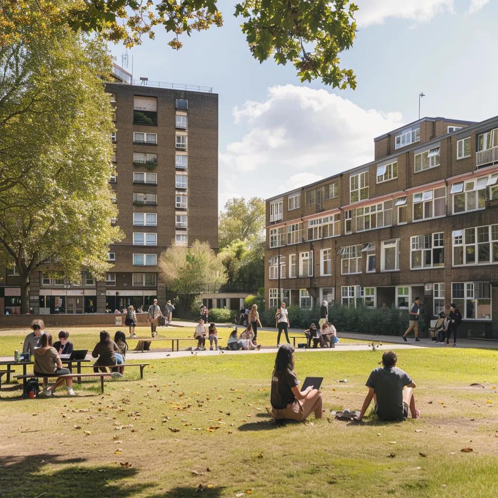 Students enjoying campus life at the University of East London, showcasing the vibrant and diverse student community
