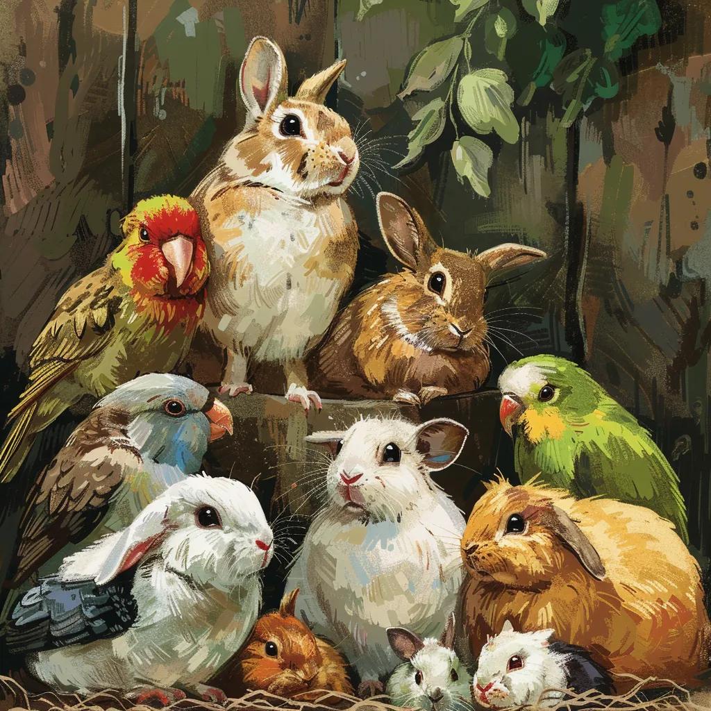 A collection of small mammals and birds accepted in Aalborg Zoo's pet donation program, including rabbits and guinea pigs