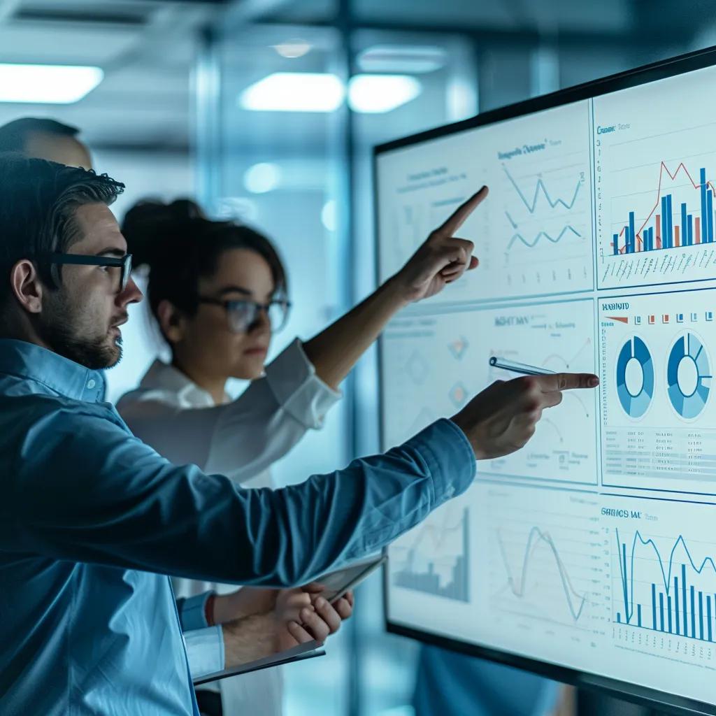 Professionals analyzing competitor intelligence data in a strategic meeting