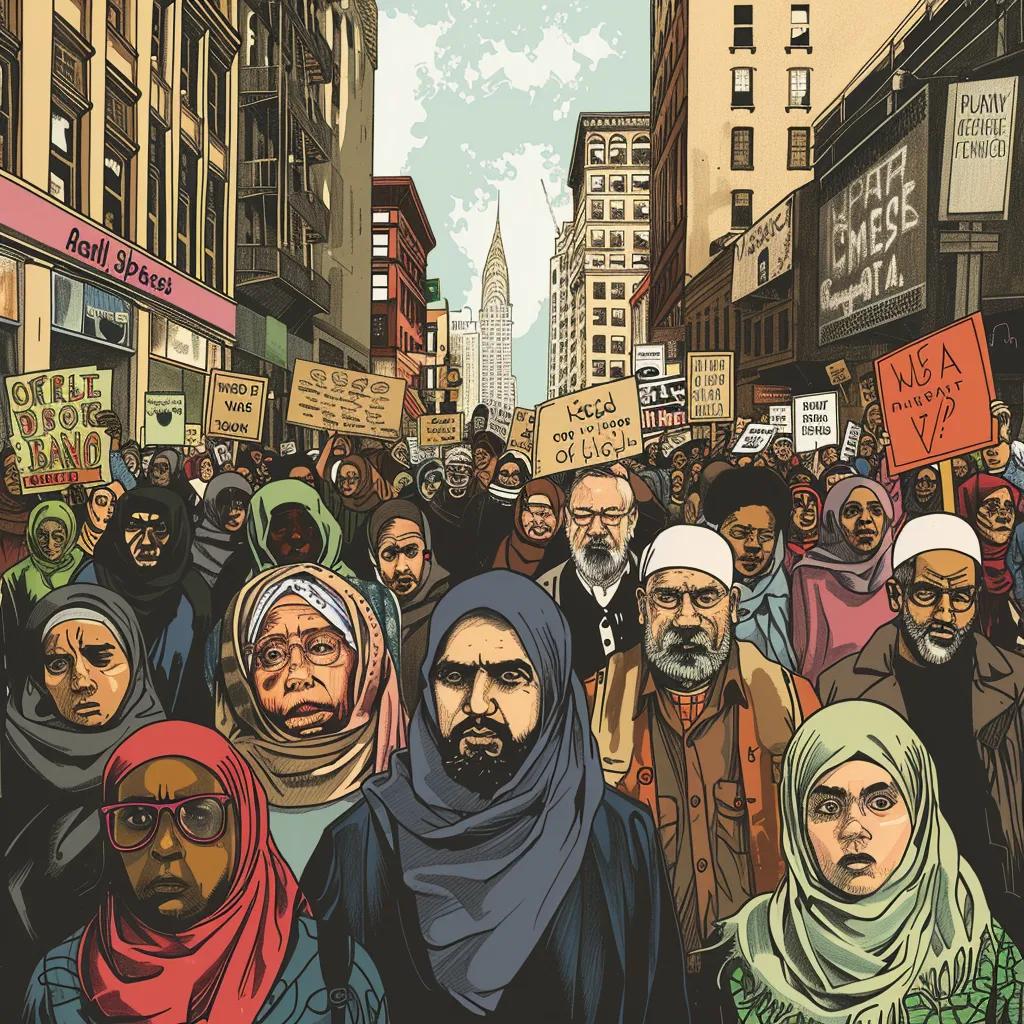 Muslim community members and advocates gathered in solidarity, holding signs for justice and equality, reflecting the response to the IndiGo flight incident