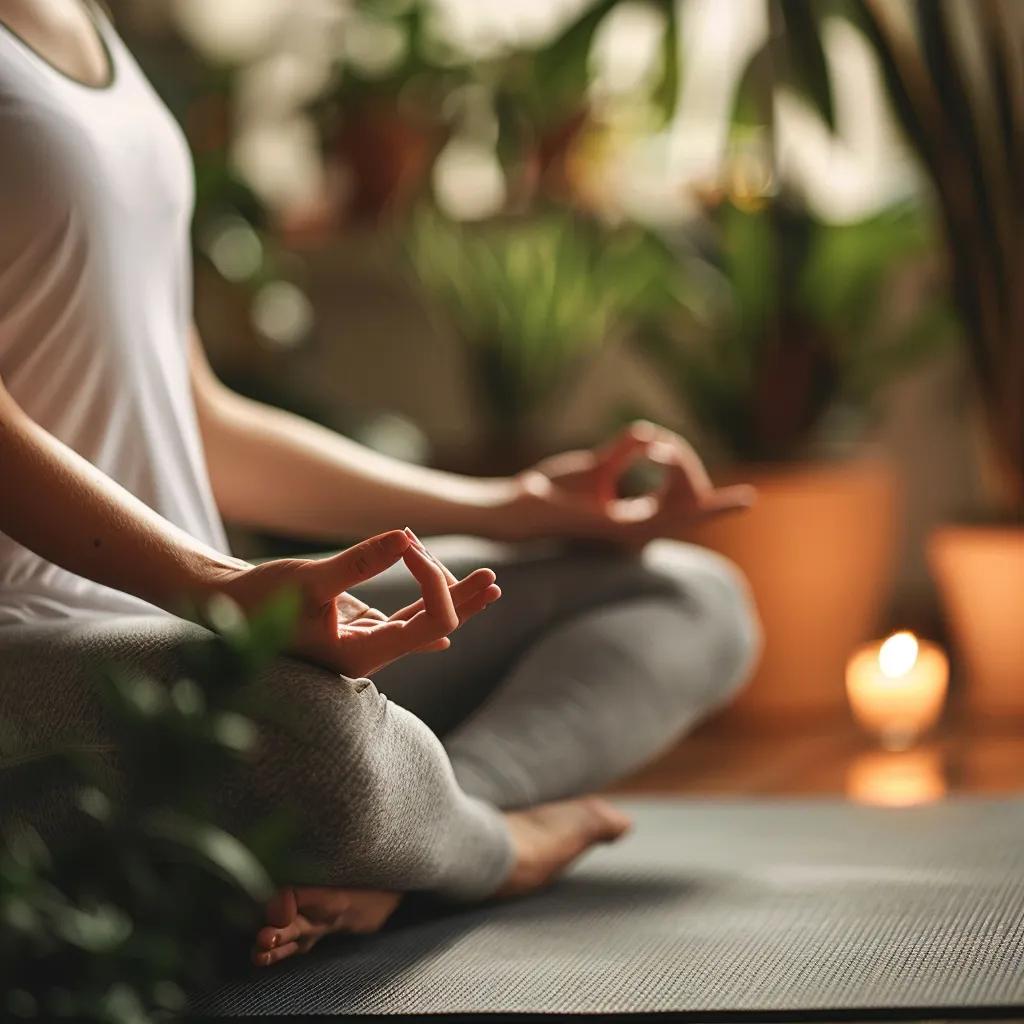 Individual practicing mindfulness through focused breathing in a serene indoor environment