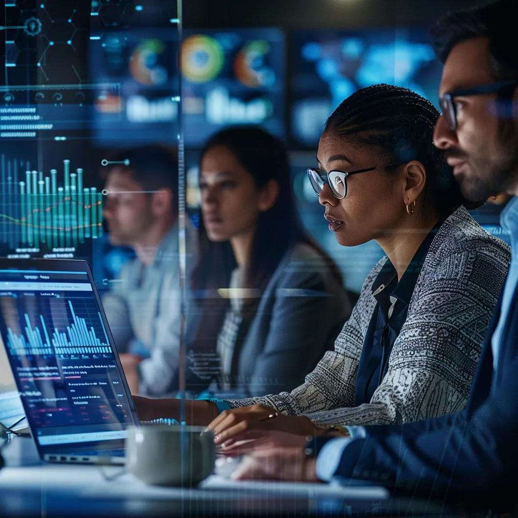 Team of professionals collaborating on AI-driven advertising strategies in a modern office