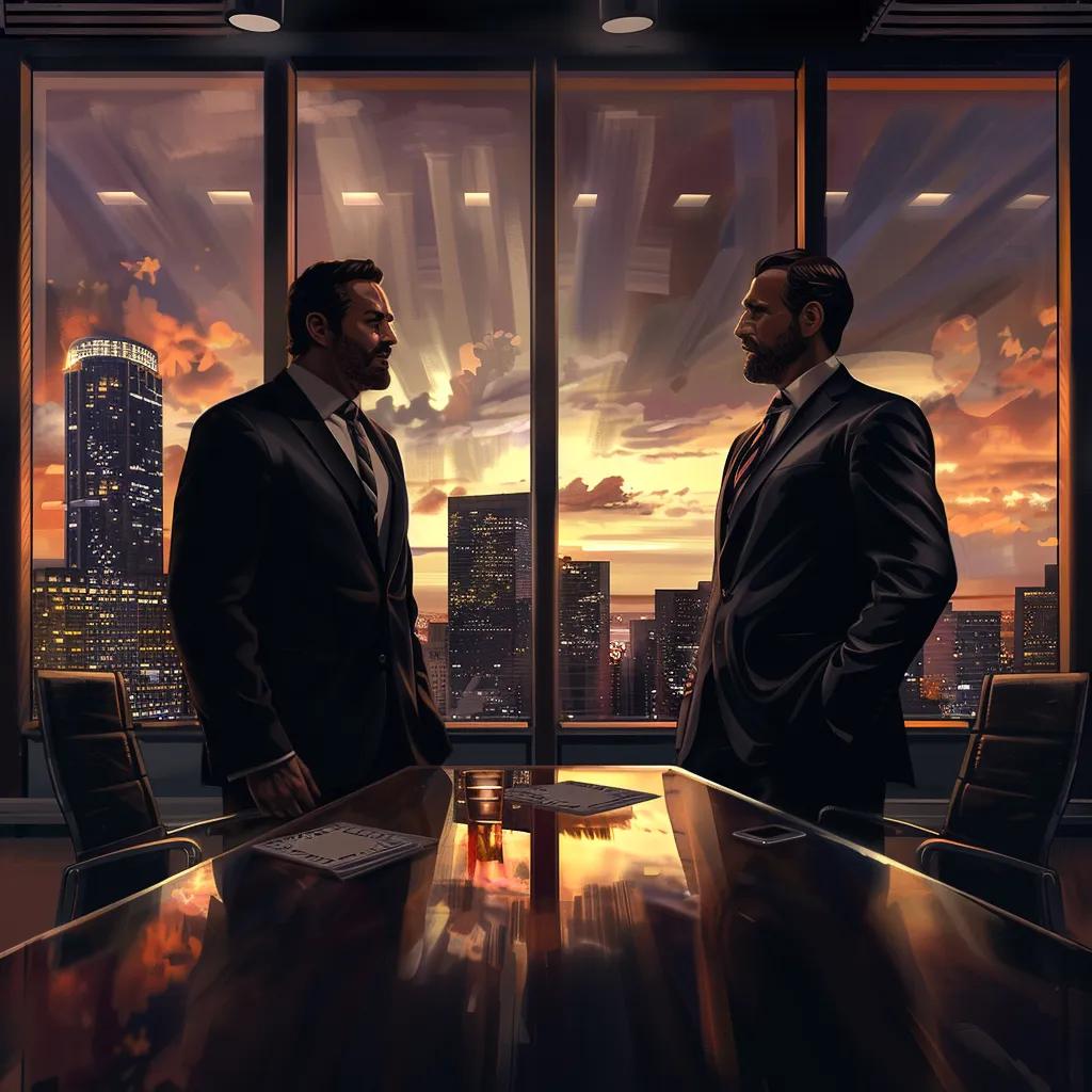 Tense corporate meeting illustrating the historical feud between Jamie Dimon and Donald Trump