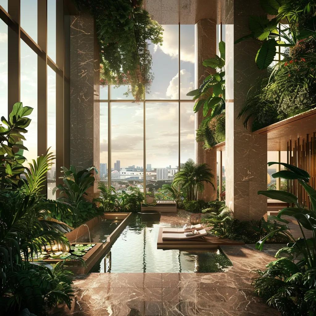 Luxurious hotel suite interior showcasing biophilic design with floor-to-ceiling windows and private plunge pool