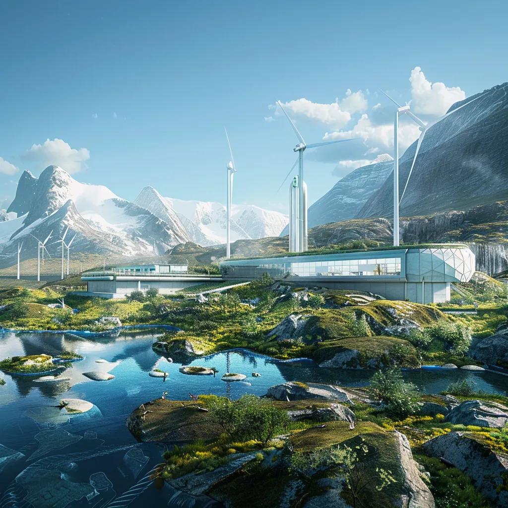 Futuristic AI gigafactory in Northern Norway with renewable energy elements