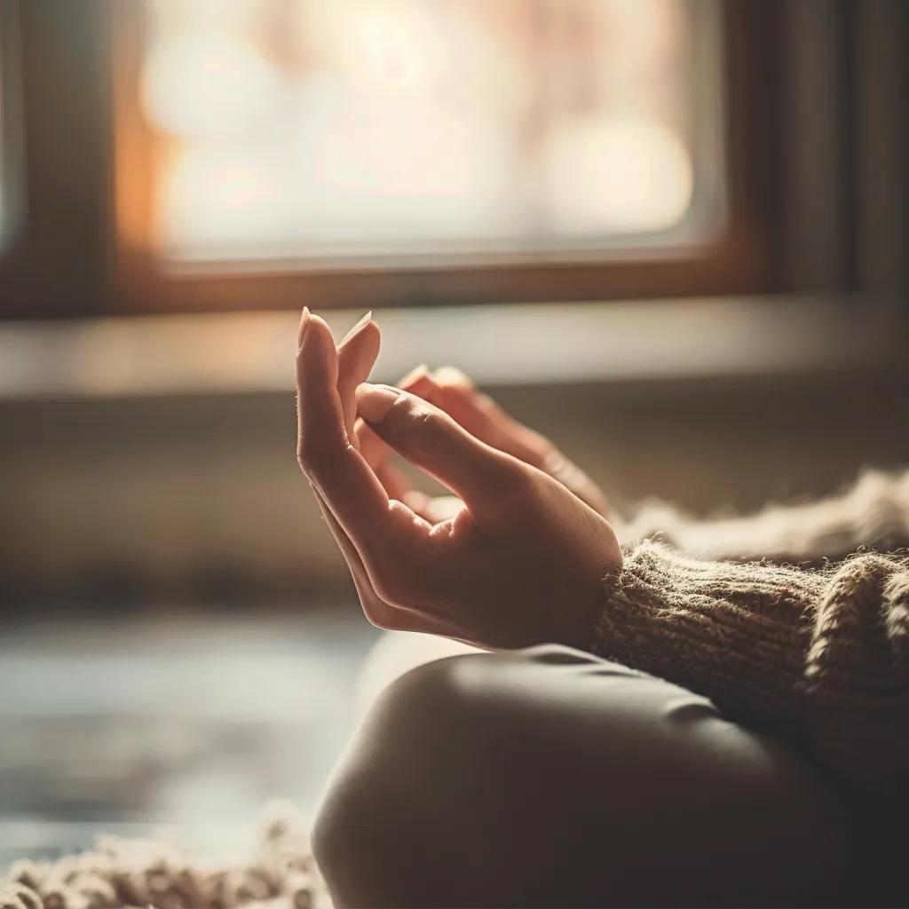 Close-up of hands in a meditative pose in a calming indoor space