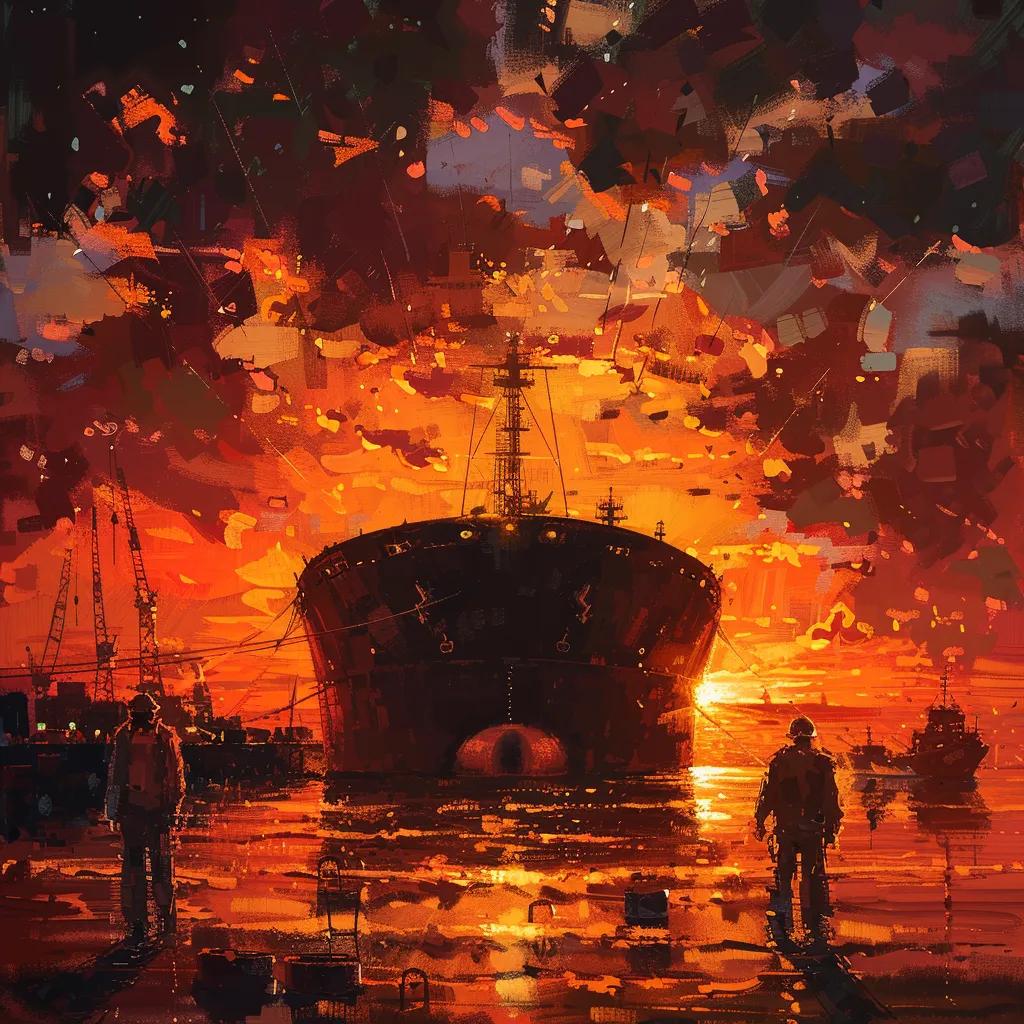 Oil tanker at port during sunset, symbolizing disruption in Iran's oil exports due to sanctions