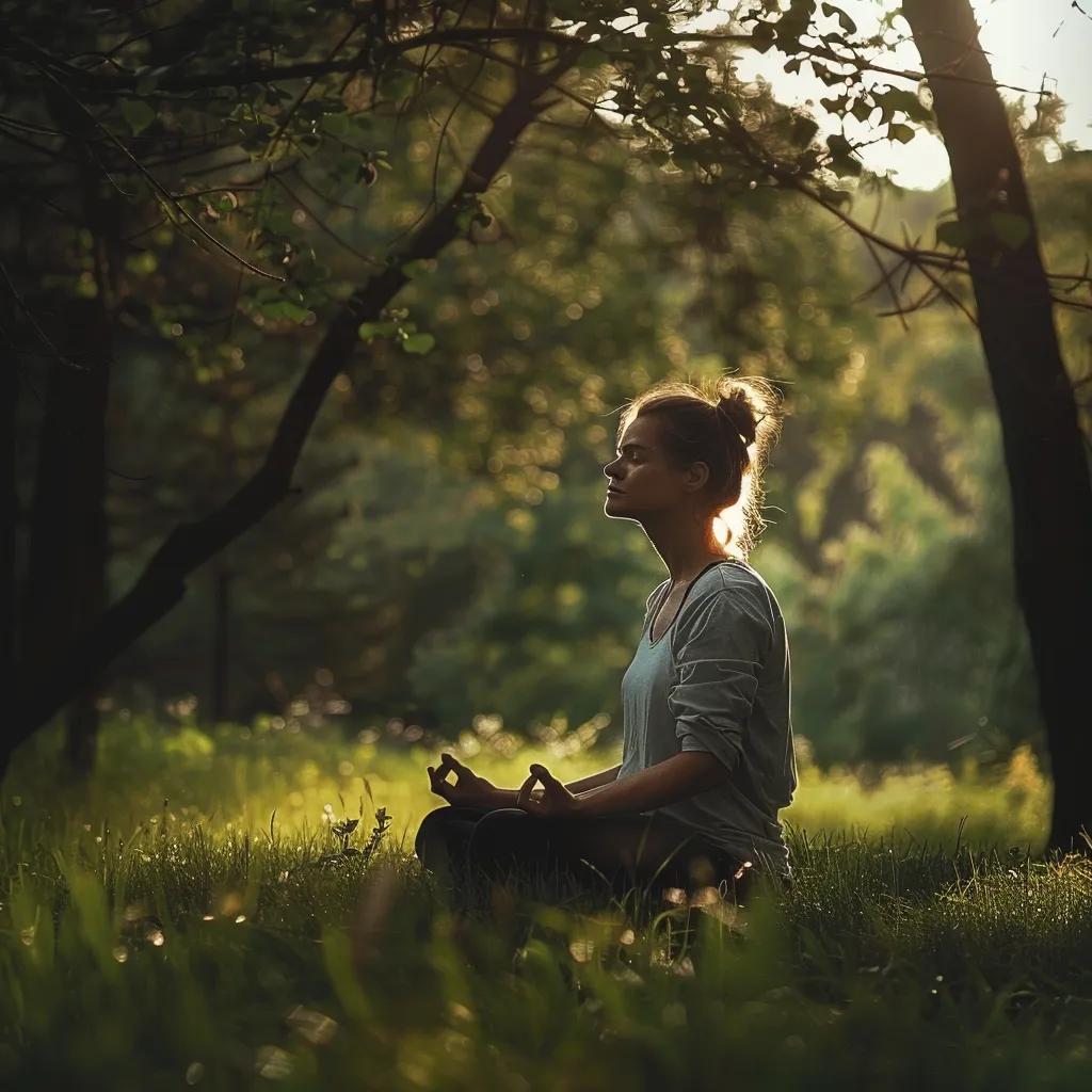 Person practicing mindfulness outdoors in a serene natural setting