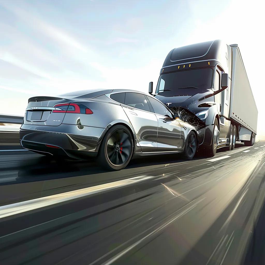 Tesla Model S crash scene with semi-tractor trailer on highway