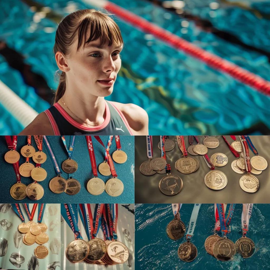 Collage of Katie Ledecky's Olympic medals and world championship titles, symbolizing her achievements