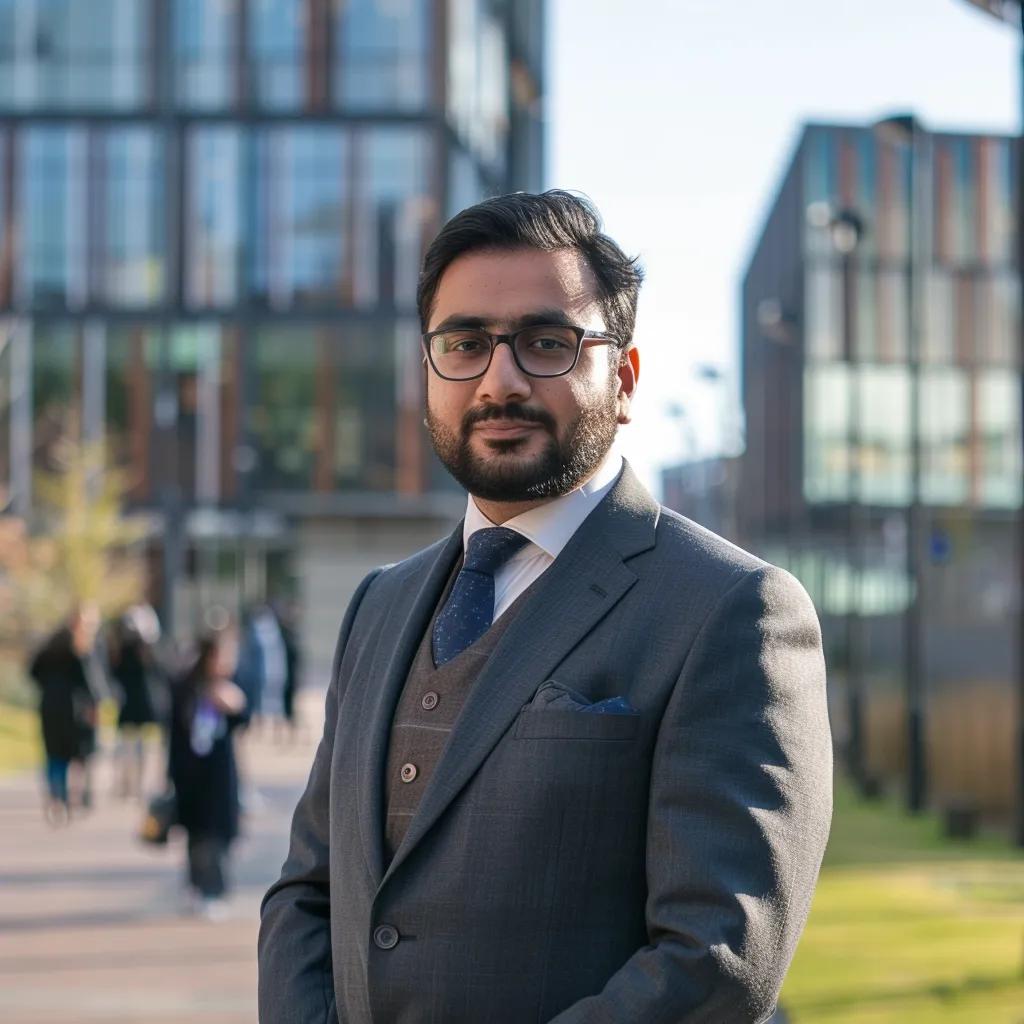 Portrait of Lord Aamer Ahmad Sarfraz in front of the University of East London, symbolizing leadership and academic innovation