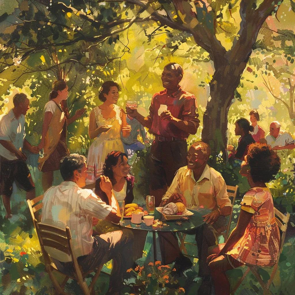 Diverse group of people enjoying joyful moments in nature, representing happiness and well-being