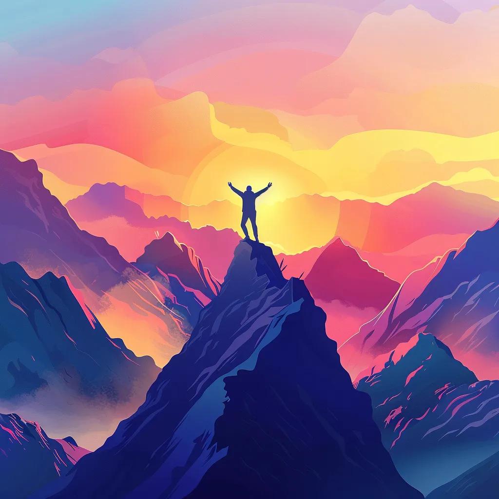 Person celebrating on a mountain peak at sunrise, symbolizing the journey of self-discovery and passion