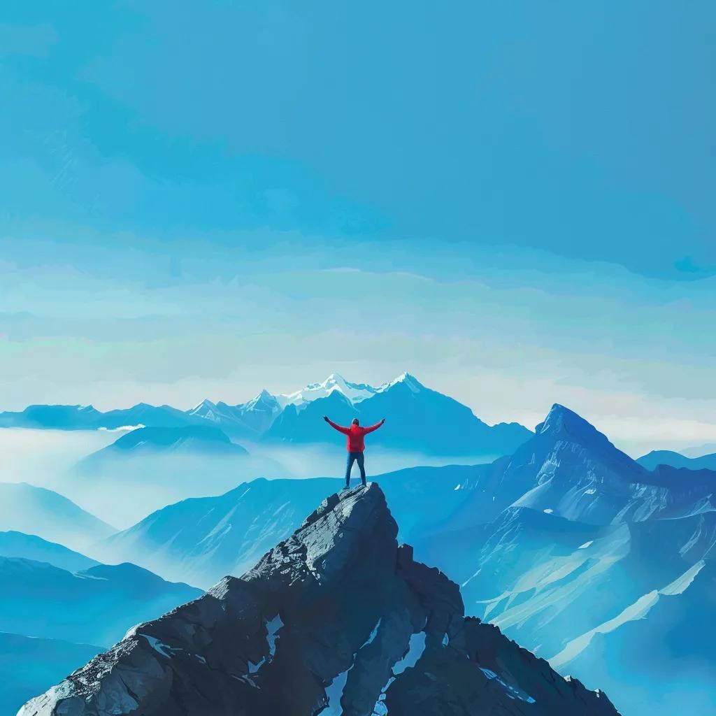 Person celebrating success on a mountain peak, symbolizing motivation and achievement