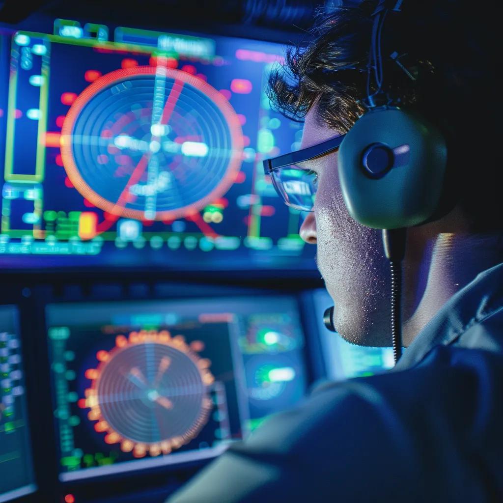 Technician analyzing radar screen data in air traffic control room during system failure