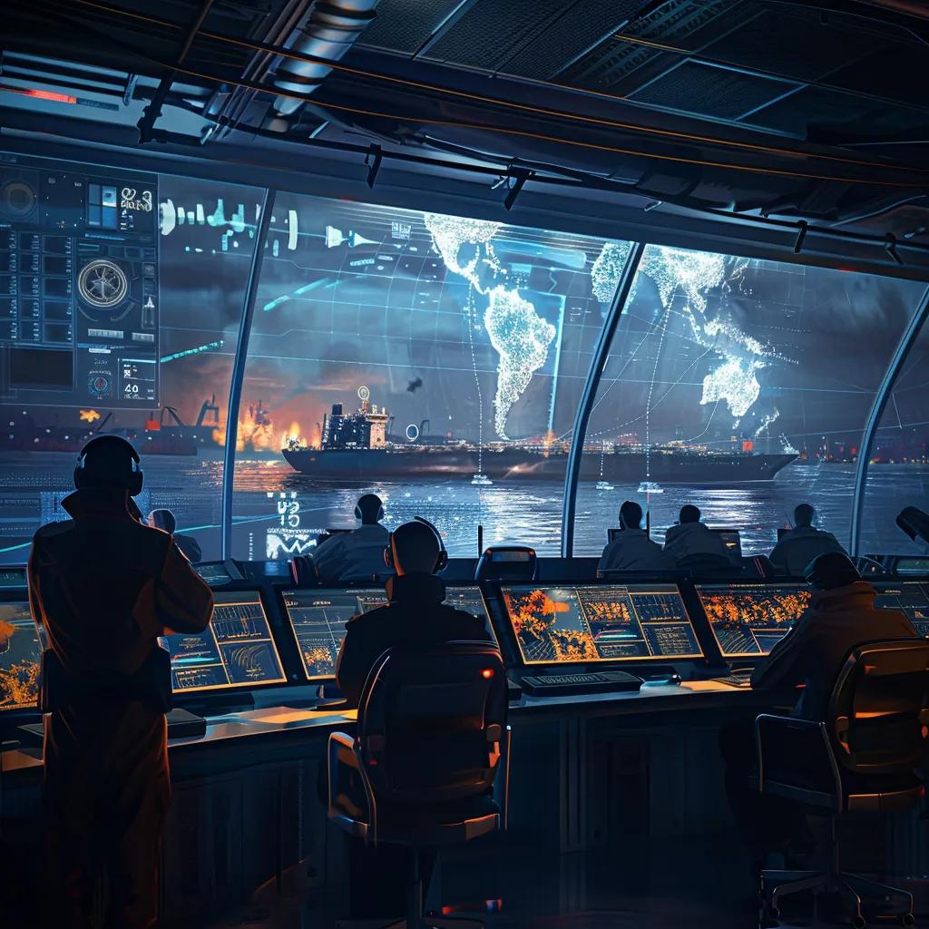 Maritime control room with professionals tracking vessels, illustrating the identification of sanctioned shipping activities