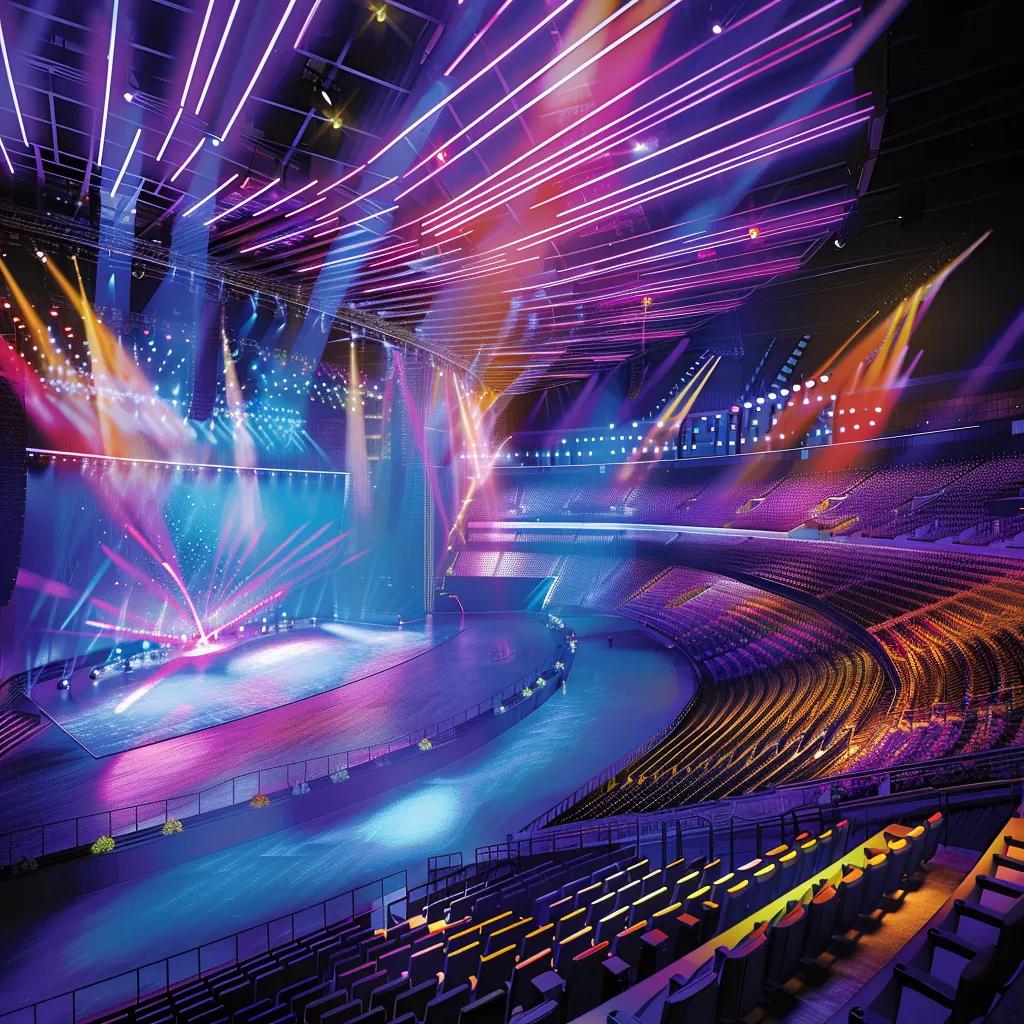 Interior view of the 15,000-seat arena showcasing flexible seating and vibrant lighting for events