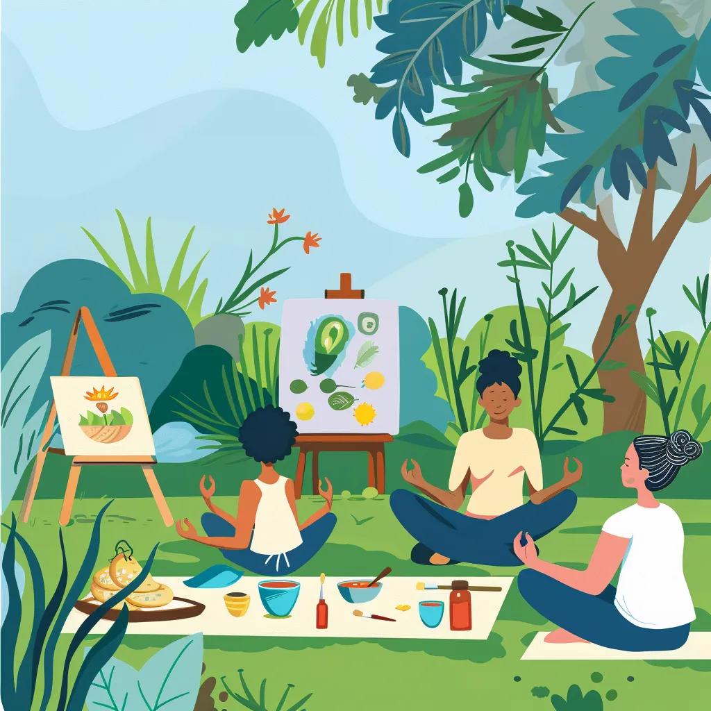 Diverse self-care activities for breakup recovery, including yoga, painting, and healthy eating