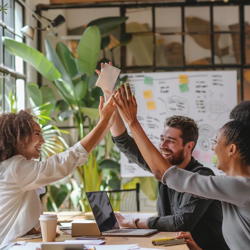 Team celebrating success and expressing gratitude in a modern office environment