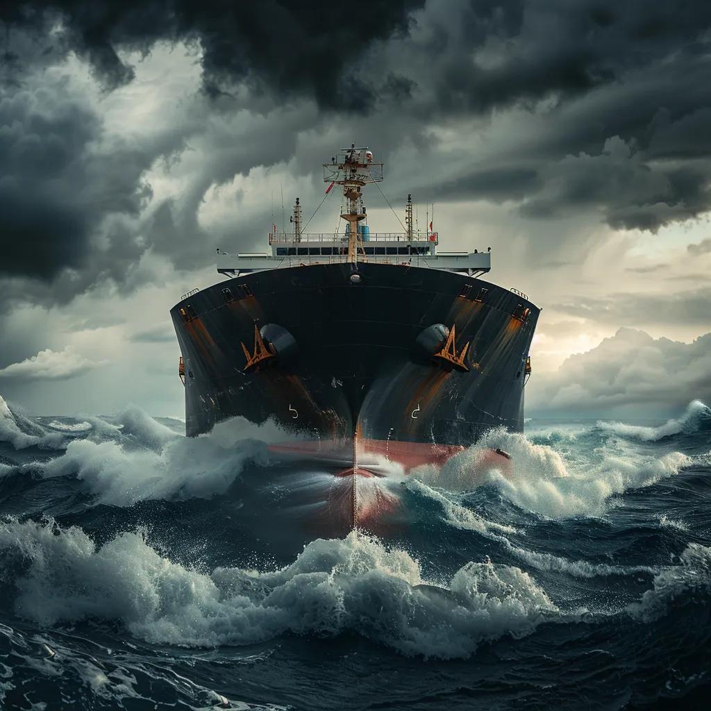 Cargo ship navigating turbulent waters, representing challenges in Iran's shipping network due to US sanctions