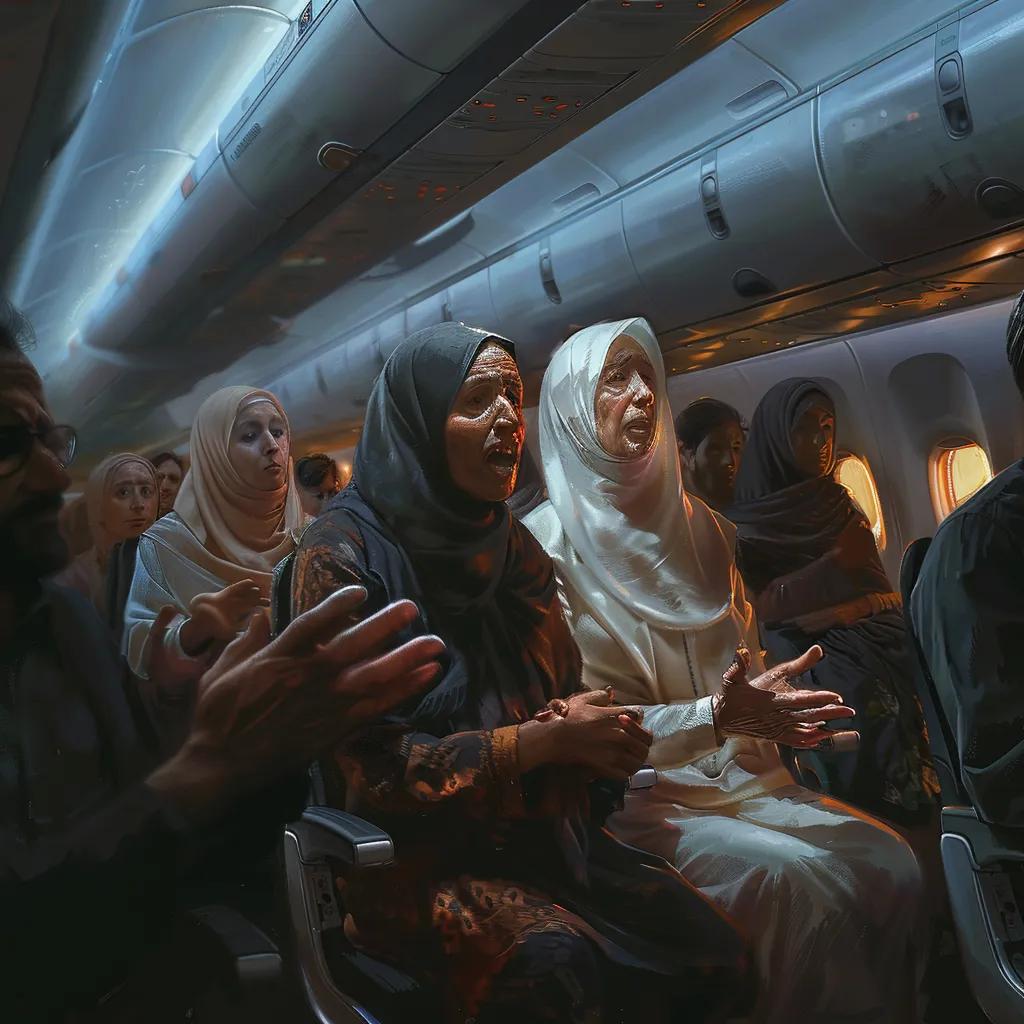Muslim passenger in distress during a panic attack on an airplane, highlighting in-flight emergency response