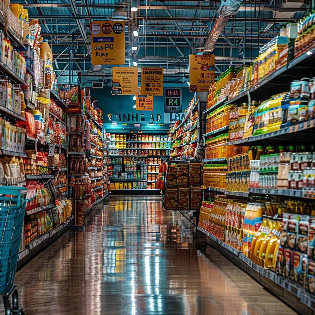 Grocery store aisle with increased price tags on imported goods due to tariffs