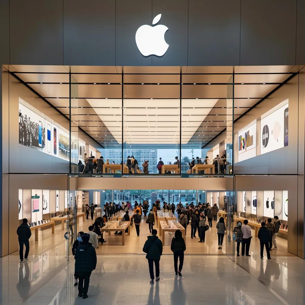 Busy Apple Store in China with customers exploring the latest iPhone models, reflecting consumer enthusiasm