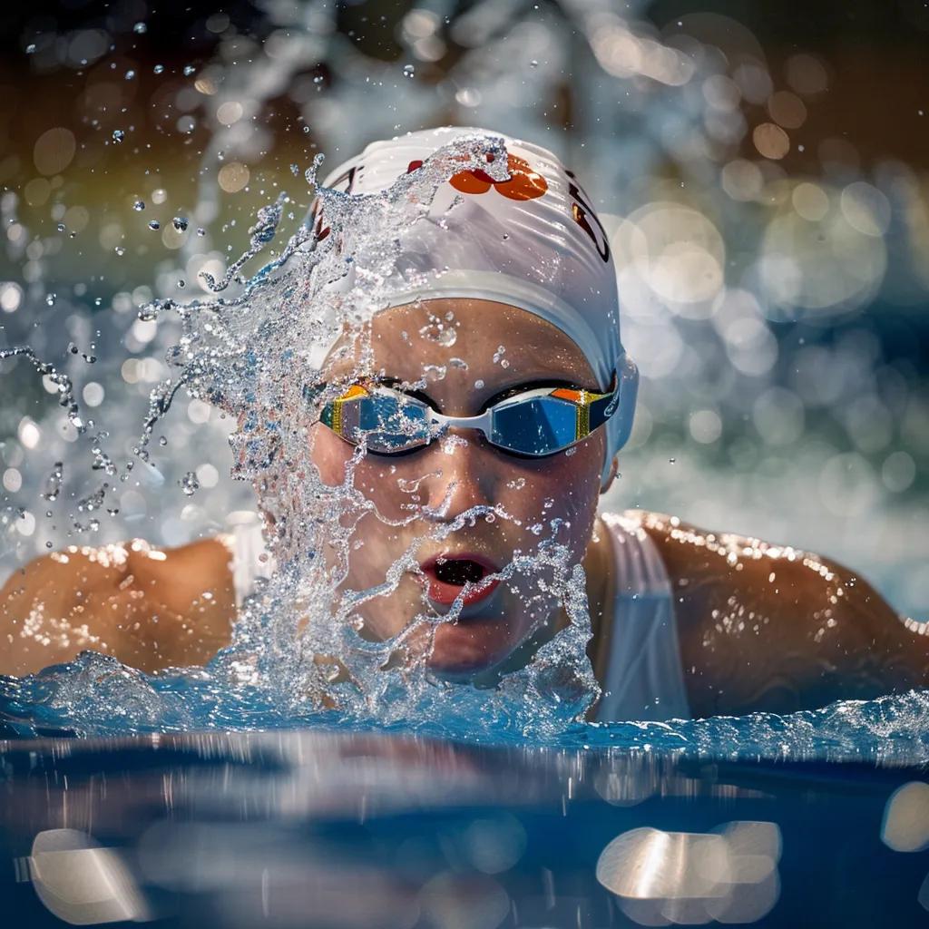 Katie Ledecky swimming in a freestyle event, demonstrating speed and athleticism