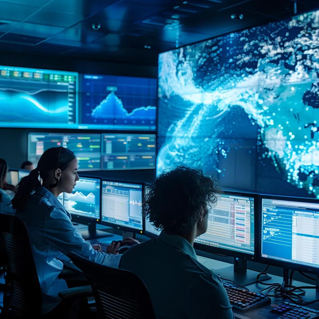 Control room of a tsunami warning system with technicians monitoring seismic data and alerts