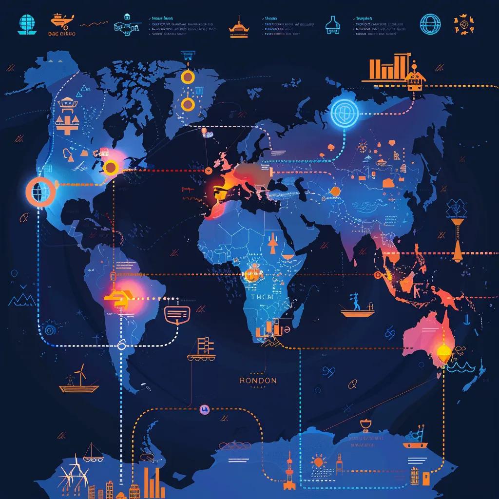 World map illustrating shifts in global trade dynamics due to the U.S. trade war, highlighting affected countries and industries
