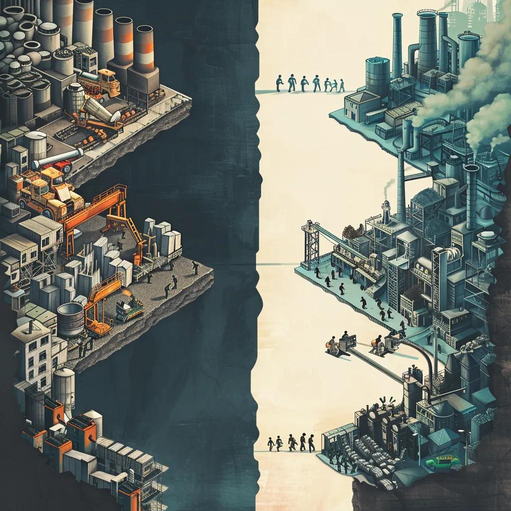 Contrasting scenes of US and Indian factories representing different trade policies