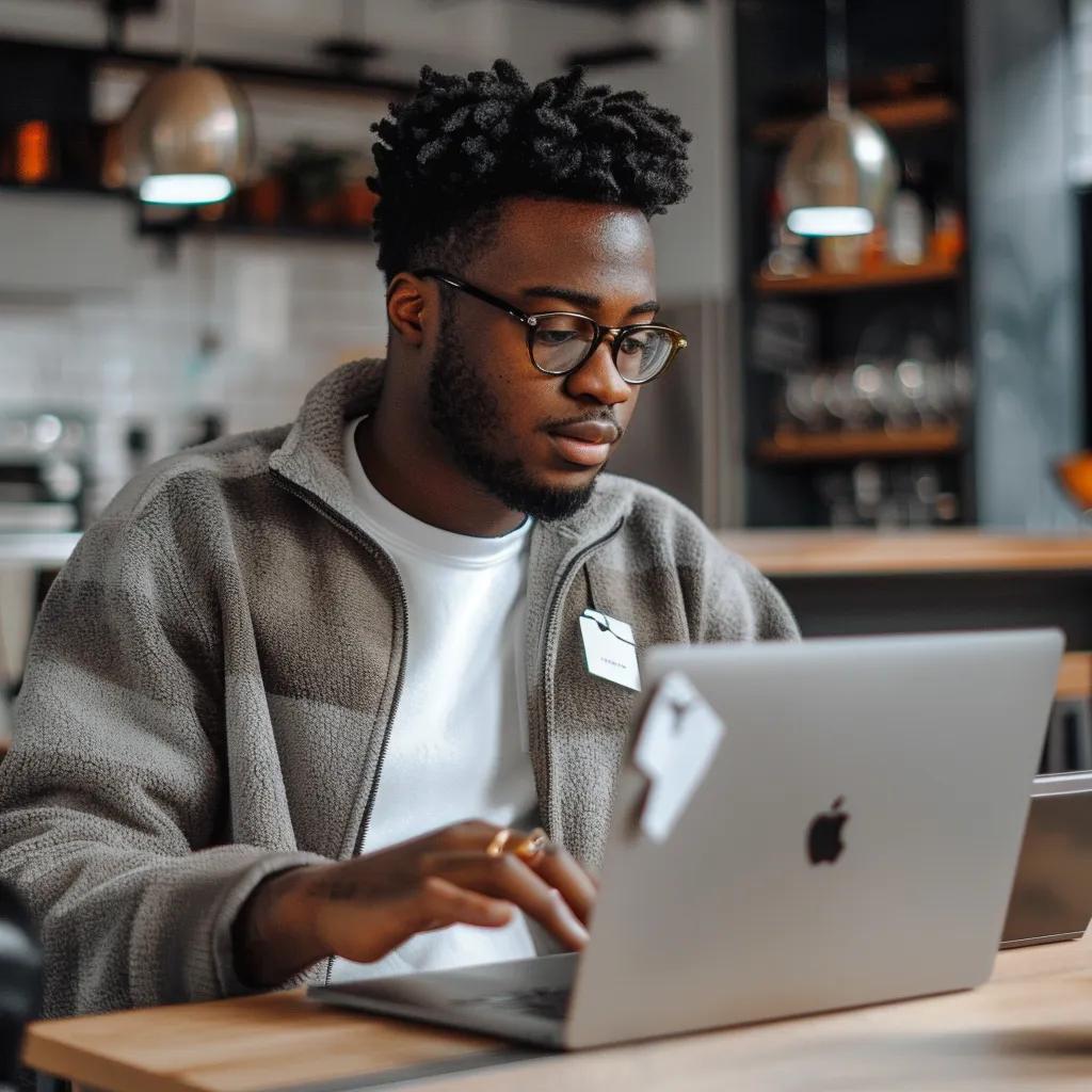 Young adult using a laptop and smartphone at home, reflecting increased prices from tariffs