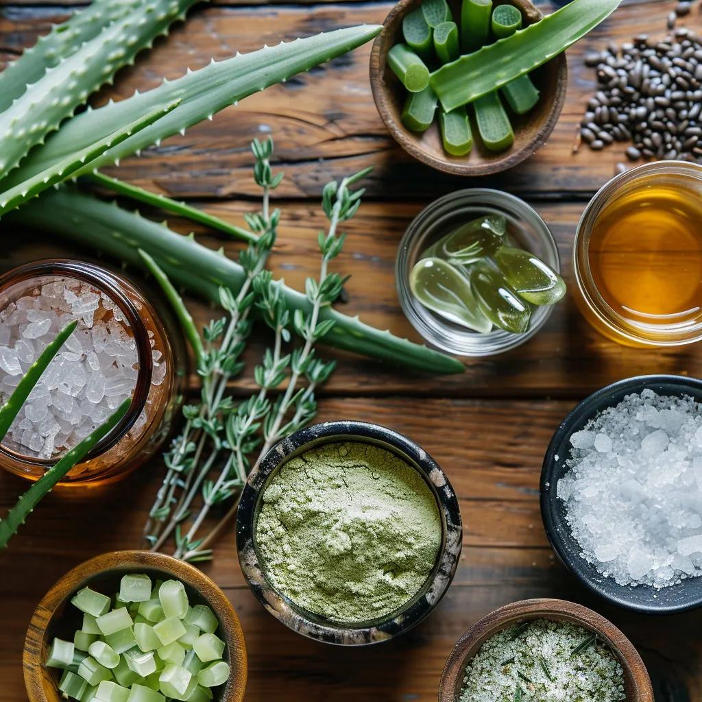 Close-up of natural skincare ingredients like hyaluronic acid and aloe vera, emphasizing their role in U.S. skincare brands