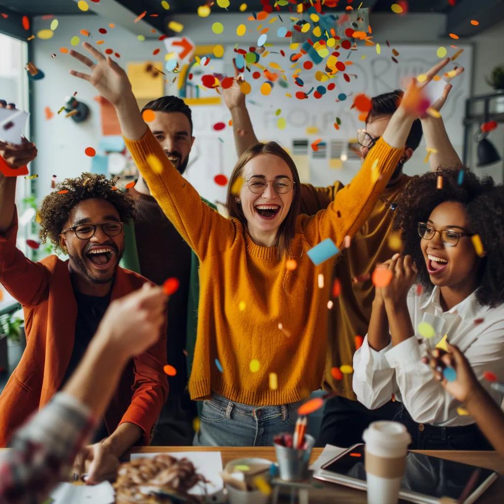 Team celebrating a small victory, representing a culture of continuous improvement and collaboration